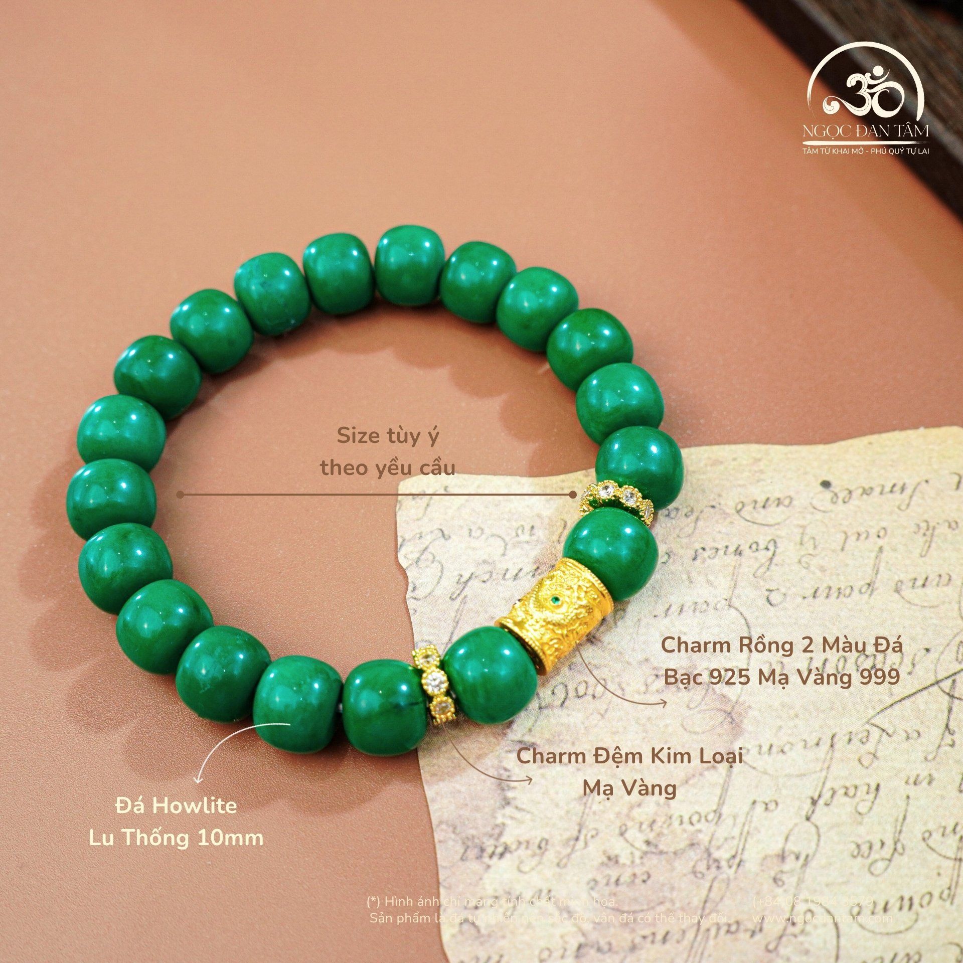  Vòng Tay Đá Howlite Lu Thống Phối Charm 10mm 