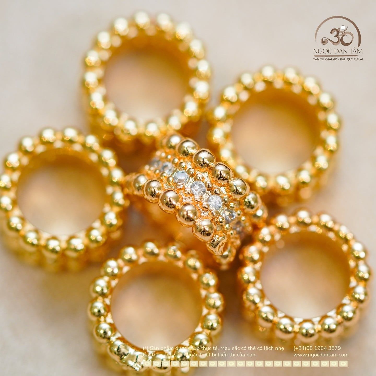  Charm Vòng Cườm Đính Đá 10,19mm - Kim Loại Mạ Vàng Cao Cấp 