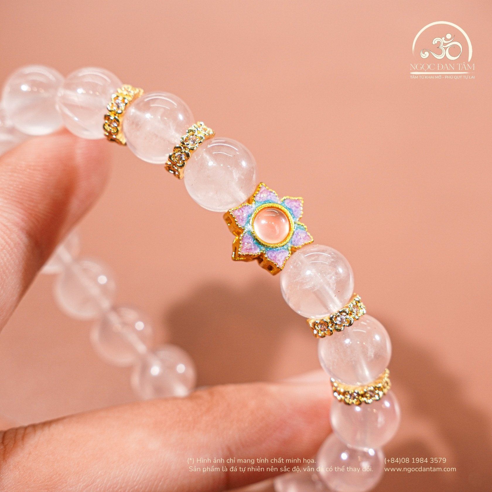  Vòng Tay Thạch Anh Hồng Sao 9mm 6A Phối Charm 