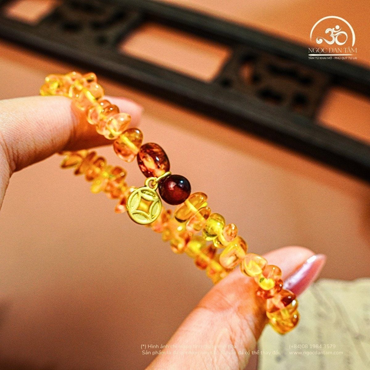  Vòng Tay Hổ Phách Phối Charm Đồng Tiền (50 Hạt -  5gram) 