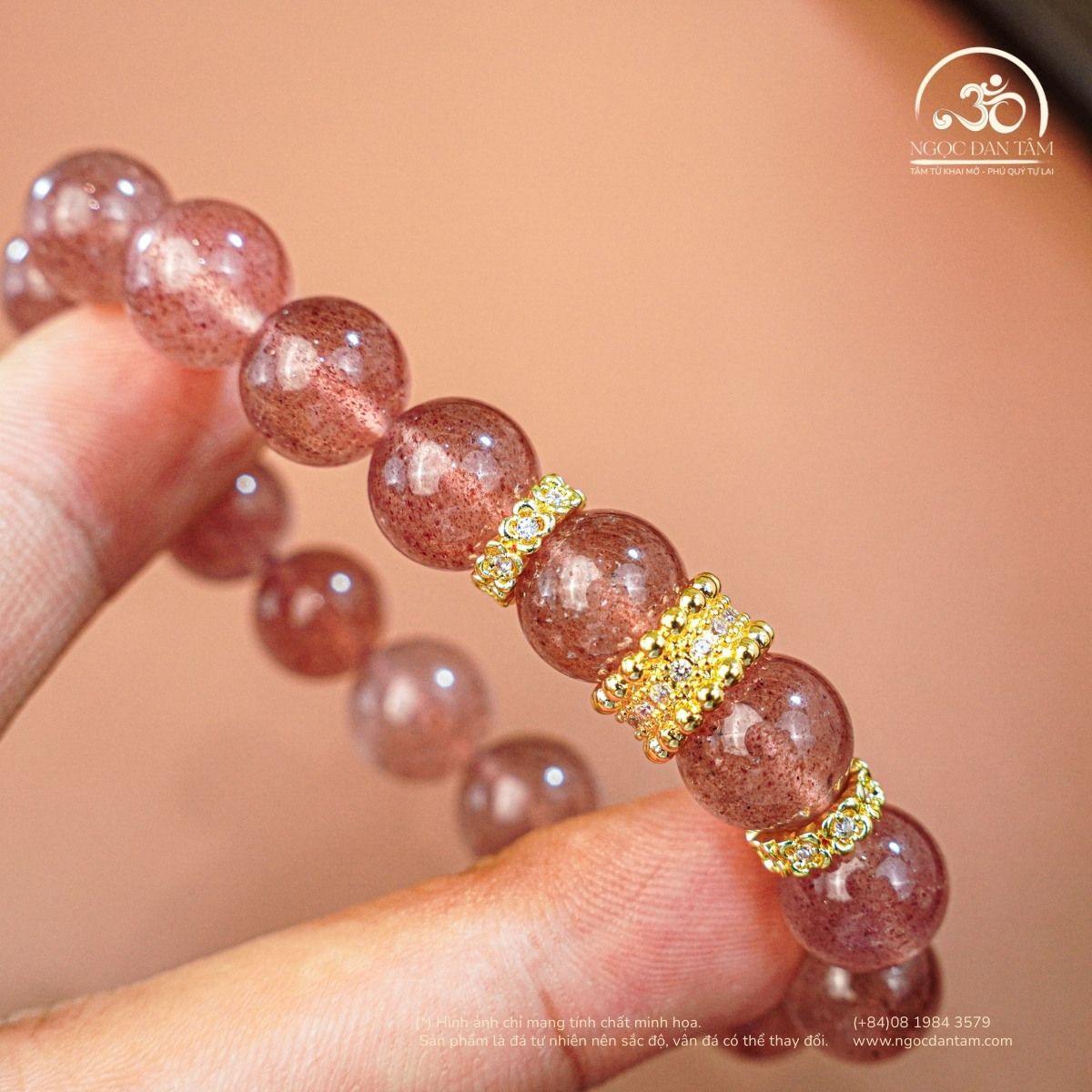  Vòng Tay Đá Thạch Anh Dâu Tây 10mm 2A Phối Charm 