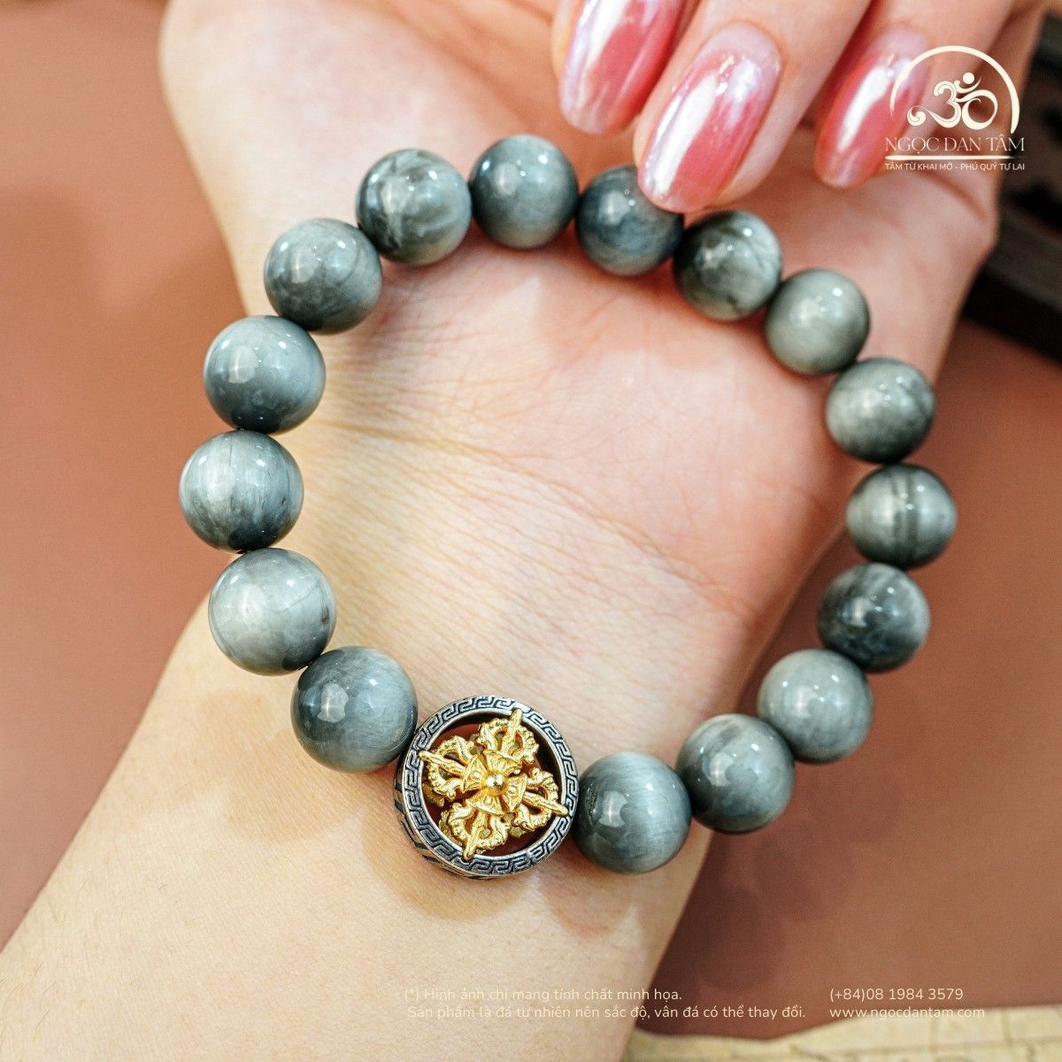  Vòng Tay Mắt Chim Ưng Xám 6A - 10mm Phối Charm Bánh Xe Pháp Luân 