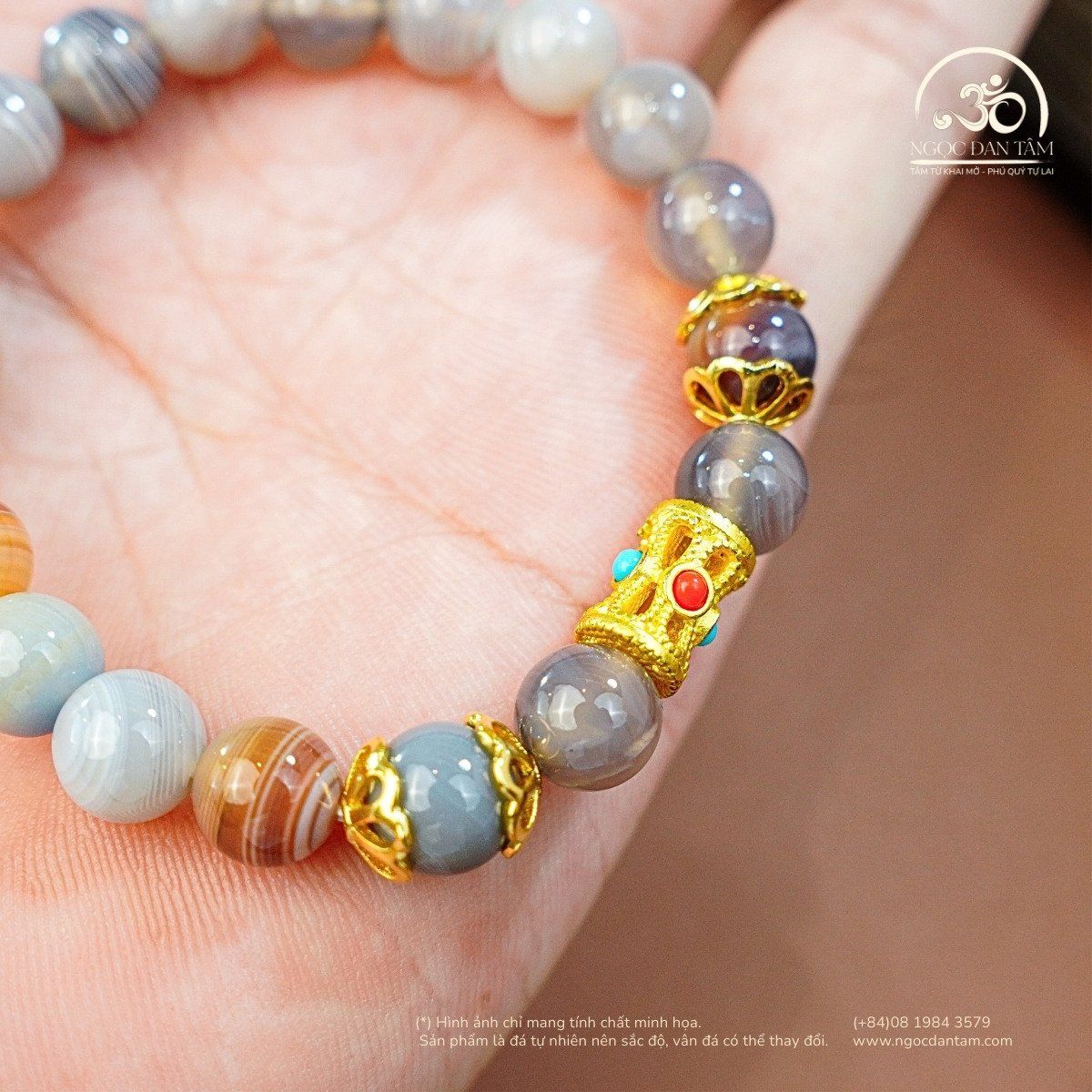  Vòng Tay Mã Não Botswana 2A - 8mm Phối Charm Lu Thống 