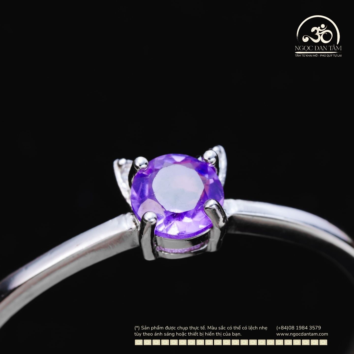  Nhẫn Bạc 925 Đính Đá Thạch Anh Tím 4mm 