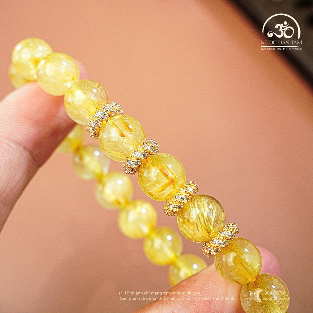  Vòng Tay Thạch Anh Tóc Vàng 9mm 7A Phối Charm Mạ Vàng 