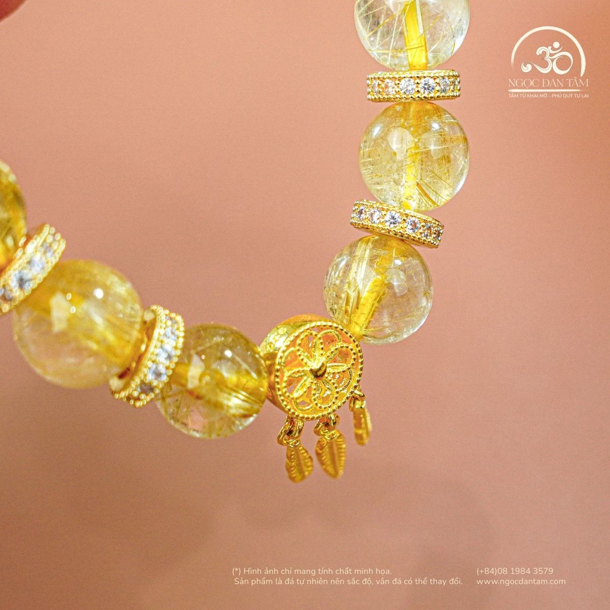  Vòng Tay Thạch Anh Tóc Vàng 10mm 5A Phối Charm Dream Catcher 