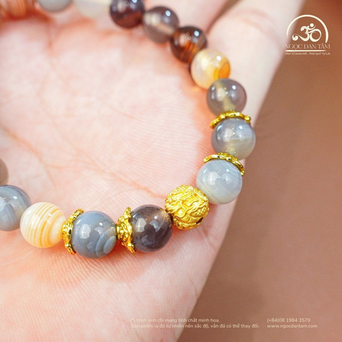  Vòng Tay Mã Não Botswana 2A - 8mm Phối Charm Mặt Sư Tử 