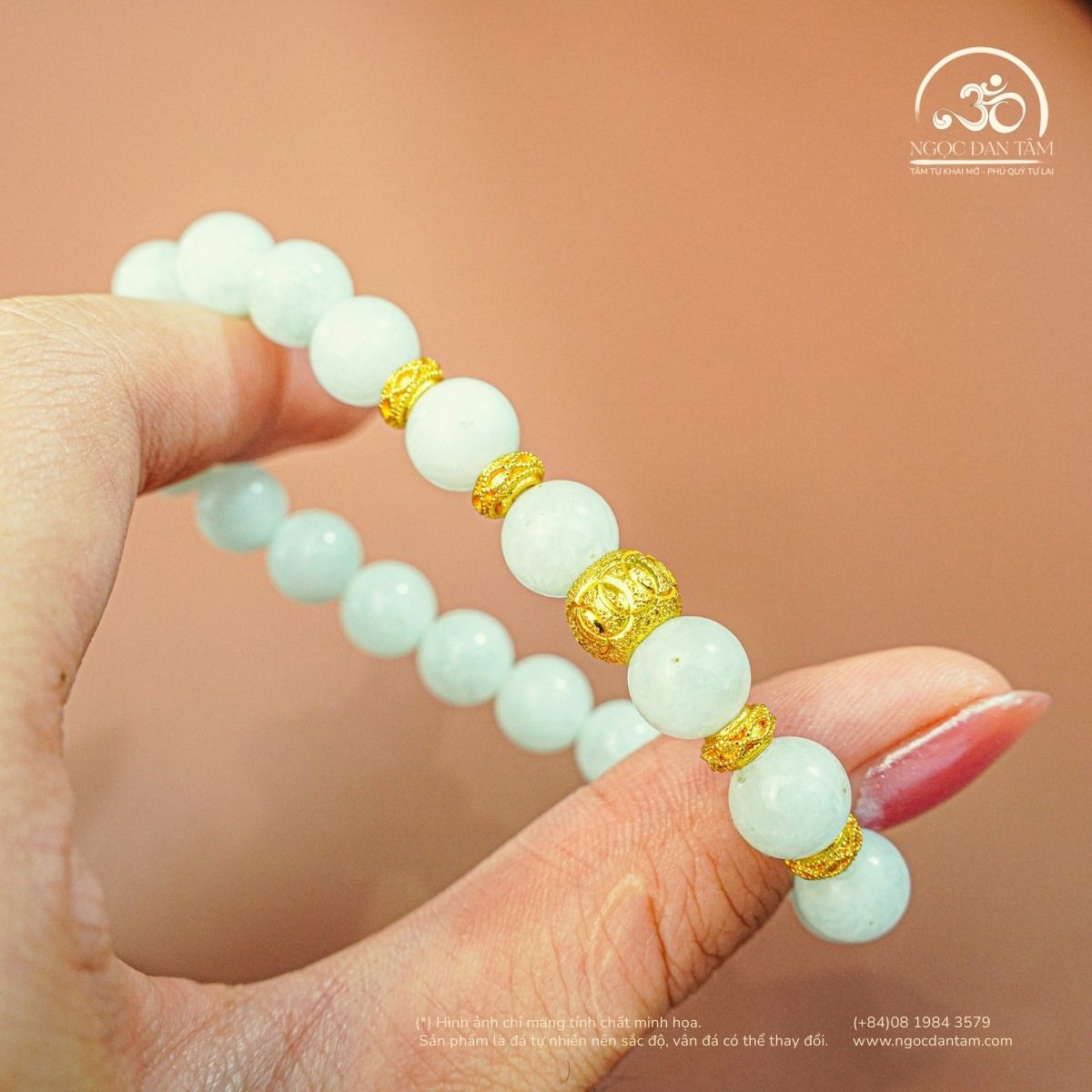  Vòng Tay Đá Angelite 8mm 2A Phối Charm Bi Tròn Họa Tiết 