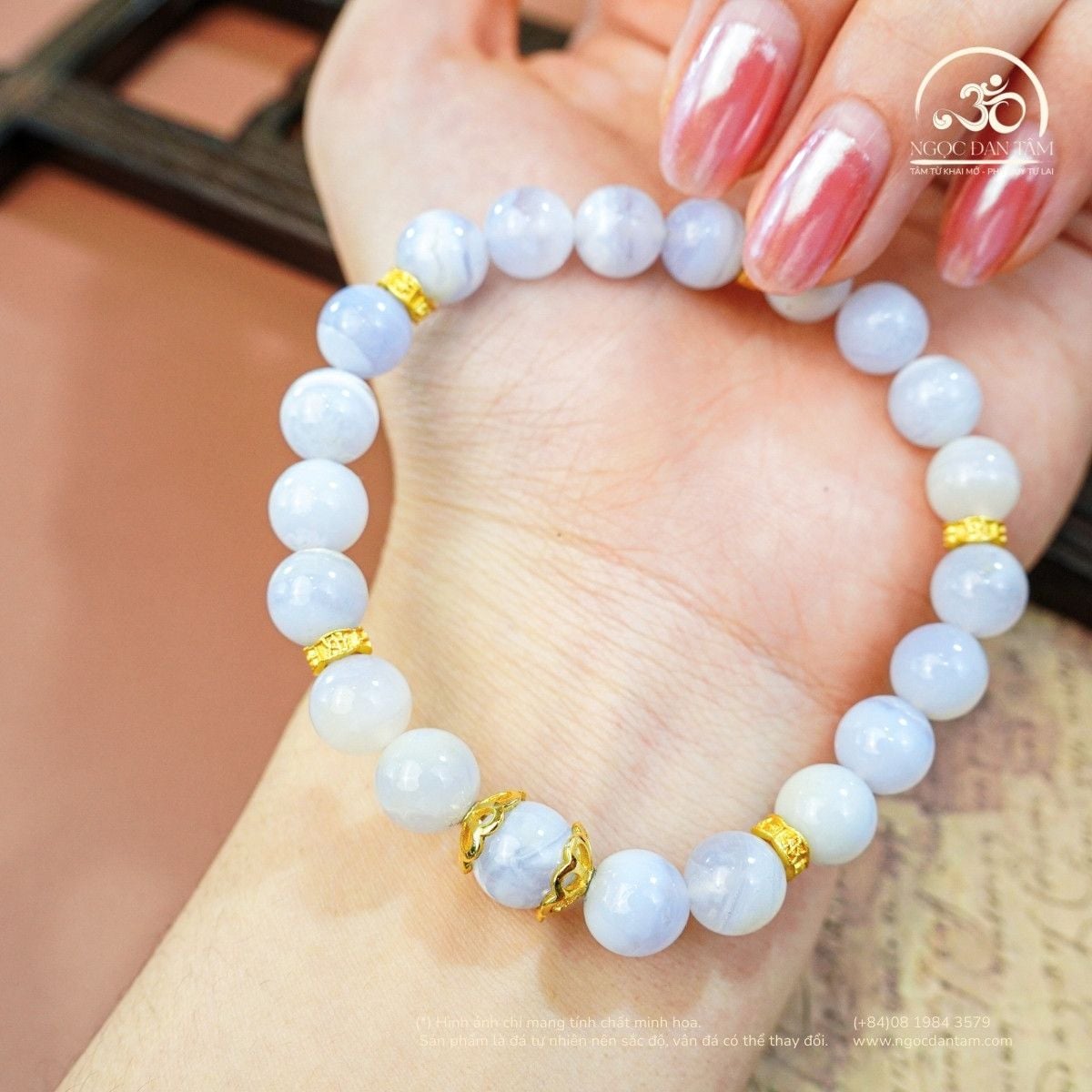  Vòng Tay Đá Mã Não Xanh Lace 8mm 3A Phối Charm Đệm 