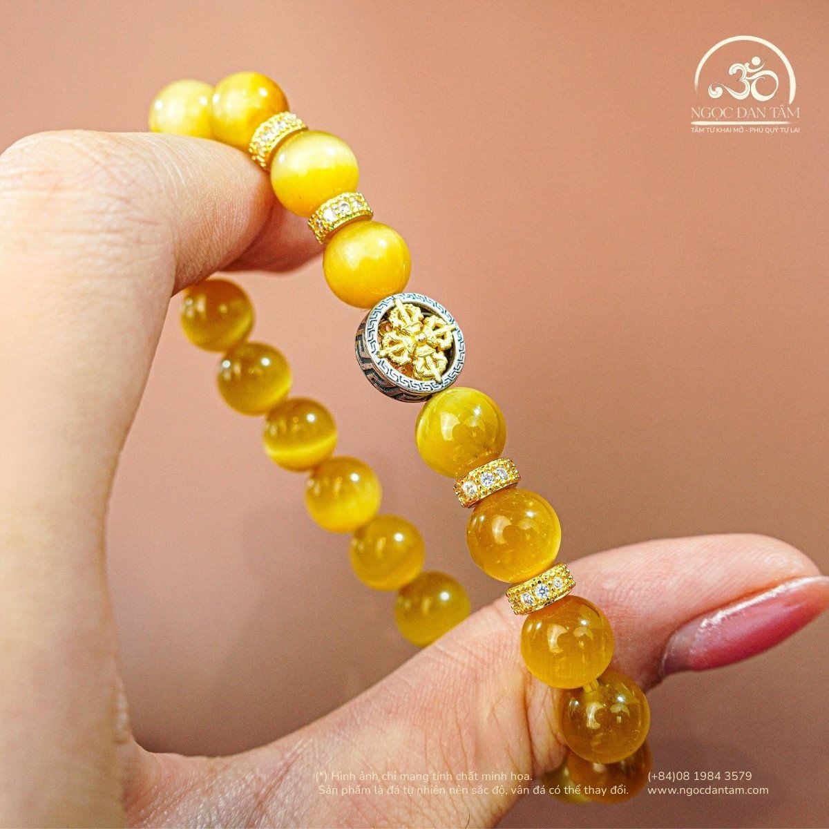  Vòng Tay Đá Mắt Hổ Vàng 8mm 5A Charm Bánh Xe Pháp luân 