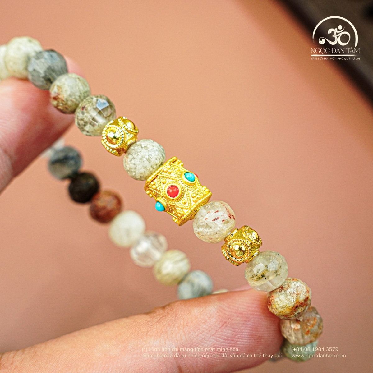  Thạch Anh Ưu Linh Thuôn Phối Charm Lục Giác 6x8mm 