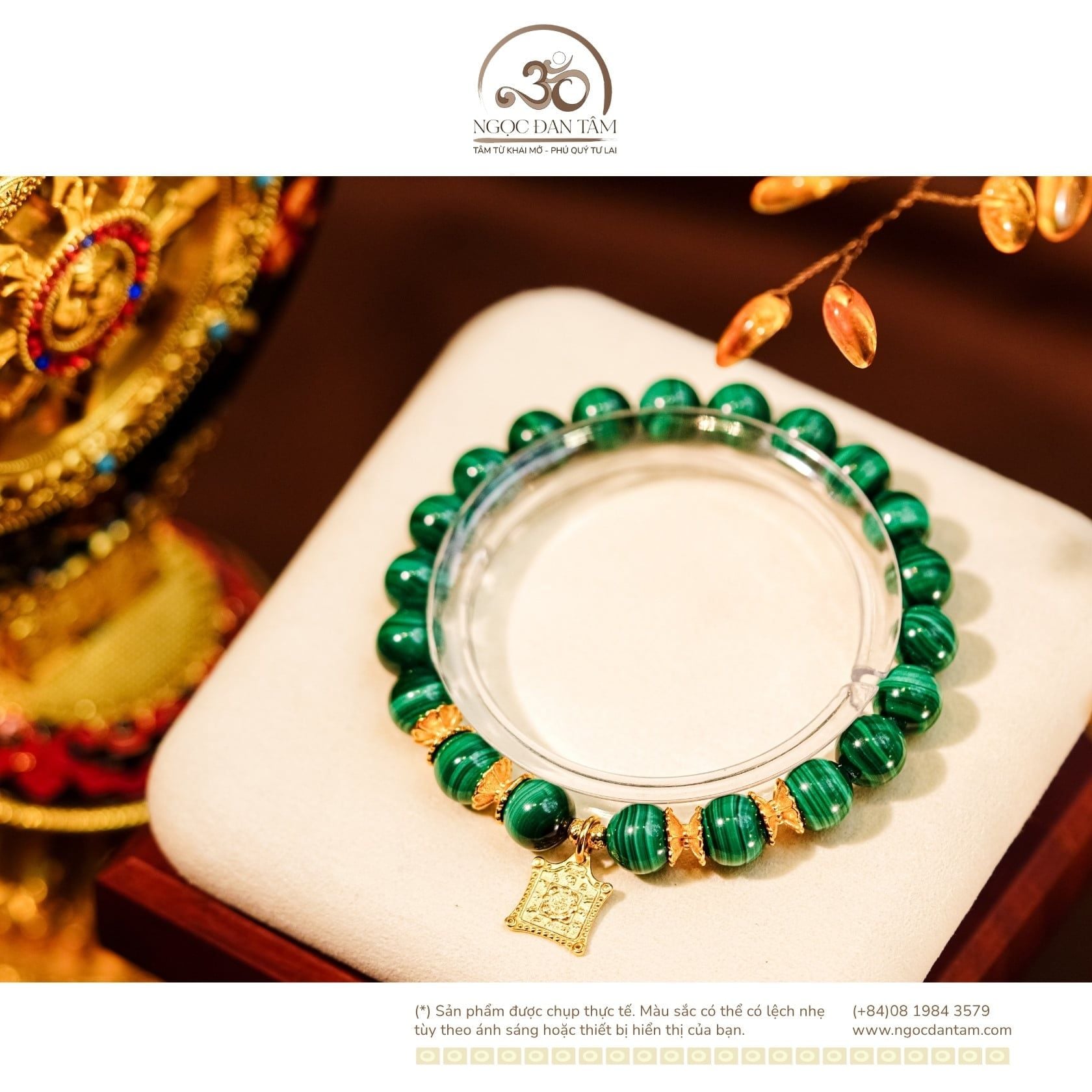  Vòng Tay Khổng Tước 8mm 3A Phối Charm Bánh Xe Pháp Luân 