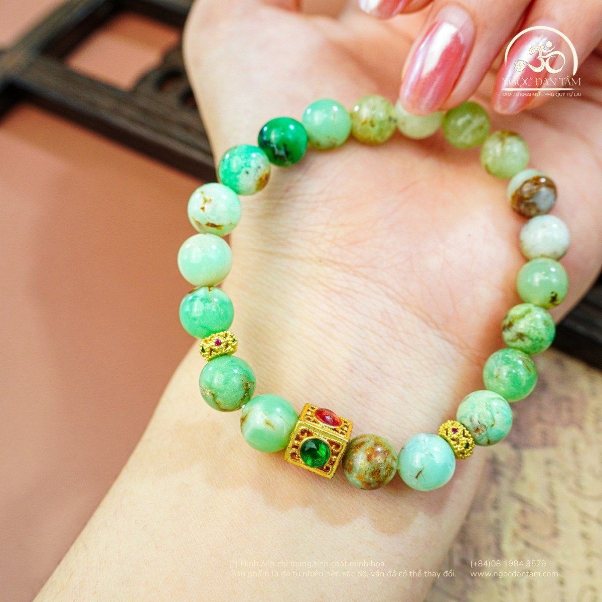  Vòng Tay Đá Cẩm Thạch Úc Phối Charm Đính Đá 8mm - 2A 