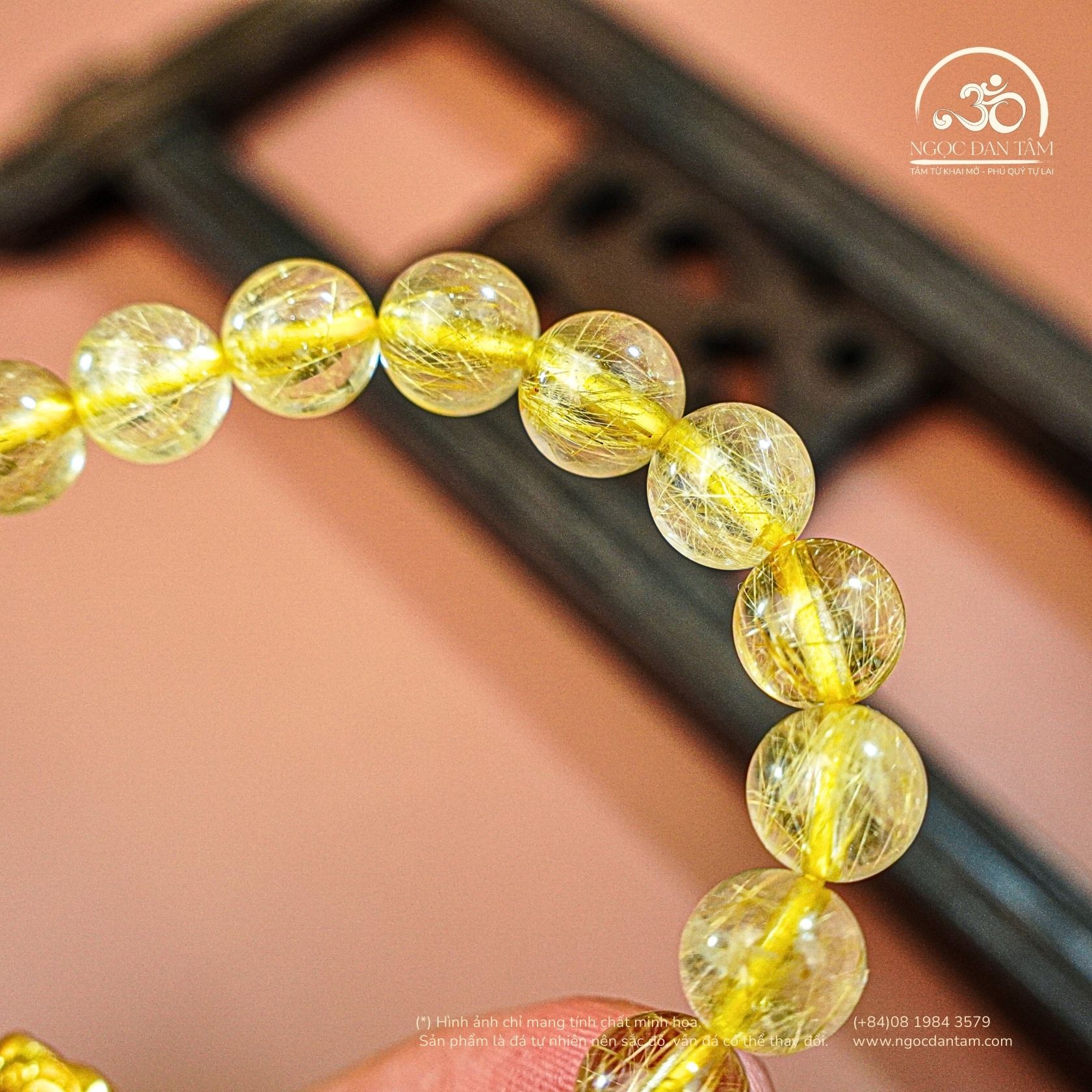  Thạch Anh Tóc Vàng 8mm 7A Phối Charm Bạc Mạ Vàng 