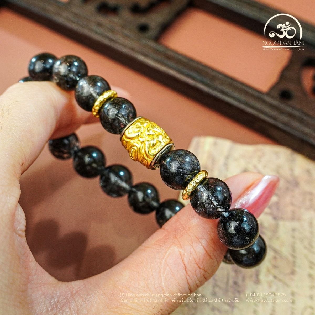  Vòng Tay Thạch Anh Tóc Đen 10mm 8A Phối Charm Lu Thống Tỳ Hưu 