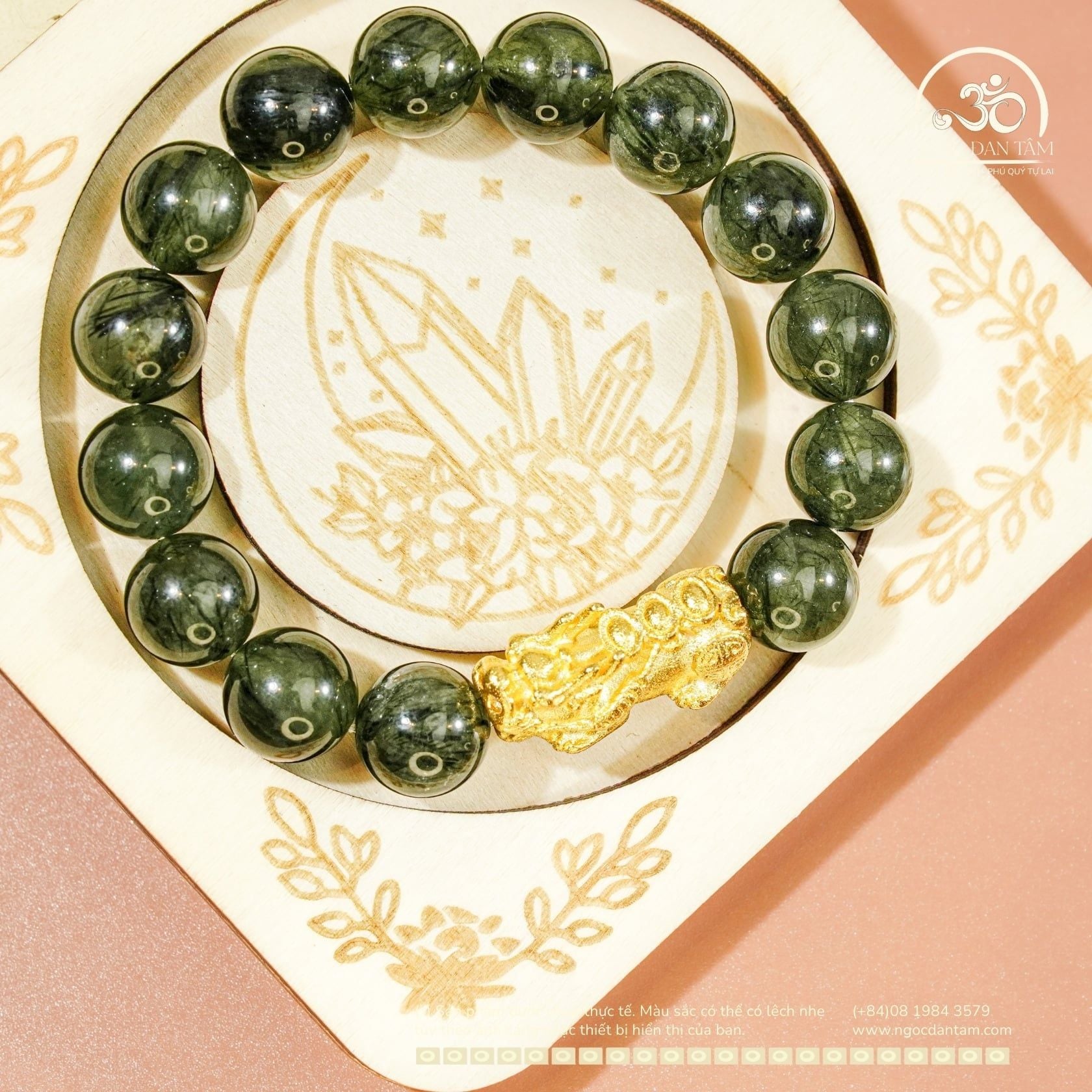  Vòng Tay Thạch Anh Tóc Xanh 12mm 4A Phối Charm Tỳ Hưu 