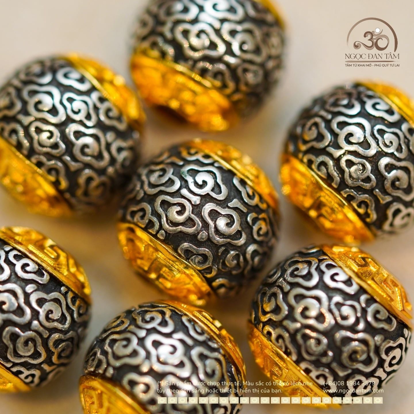  Hạt Tròn Hoa Văn 11,27mm - Bạc Mạ Vàng Cao Cấp 