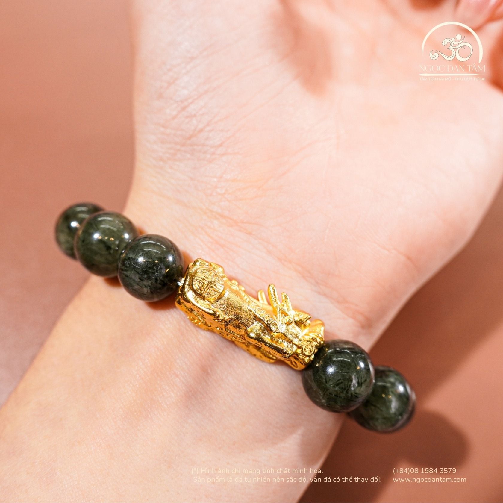  Vòng tay Thạch Anh Tóc Xanh 11mm 3A Phối Charm Tỳ Hưu 