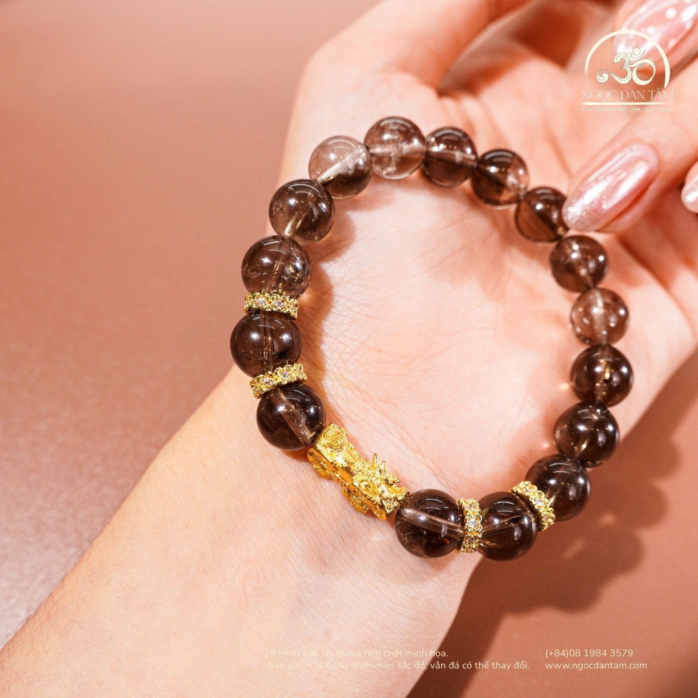  Vòng Tay Thạch Anh Khói 10mm 2A Phối Charm Tỳ Hưu 