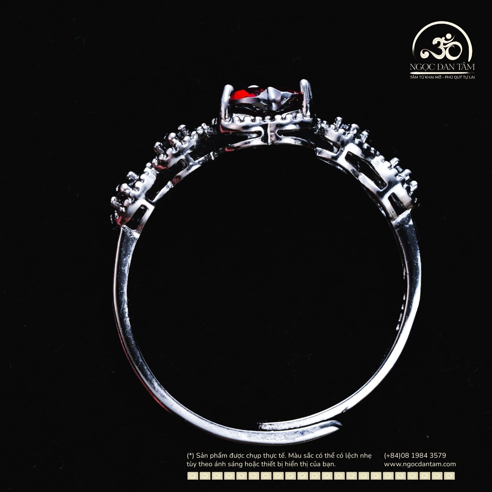  Nhẫn Bạc Đen 925 Đính Đá Garnet 6mm 