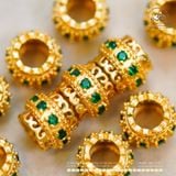  Charm Trụ Tròn Đính Hạt Xanh 9,51mm - Kim Loại Mạ Vàng Cao Cấp 