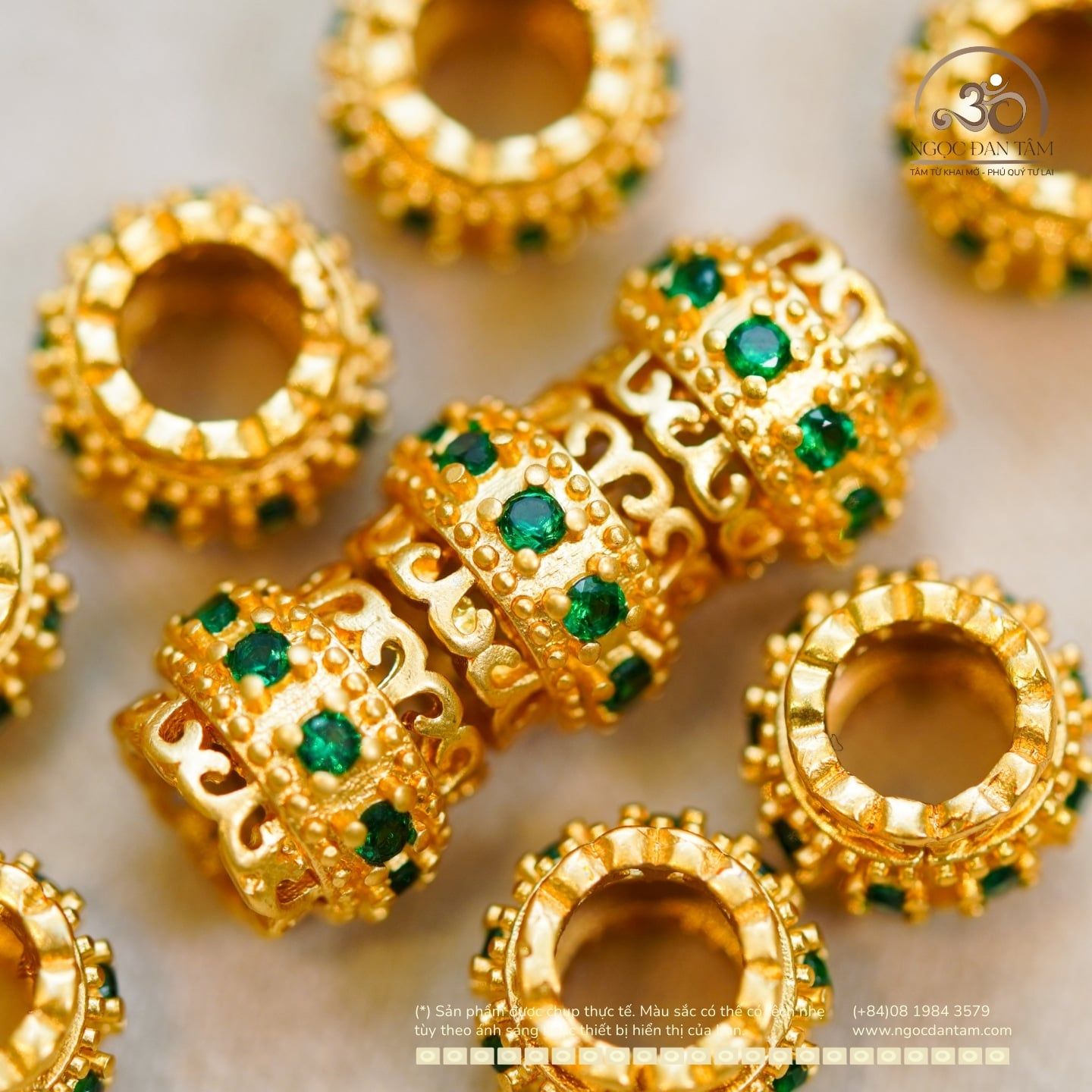  Charm Trụ Tròn Đính Hạt Xanh 9,51mm - Kim Loại Mạ Vàng Cao Cấp 