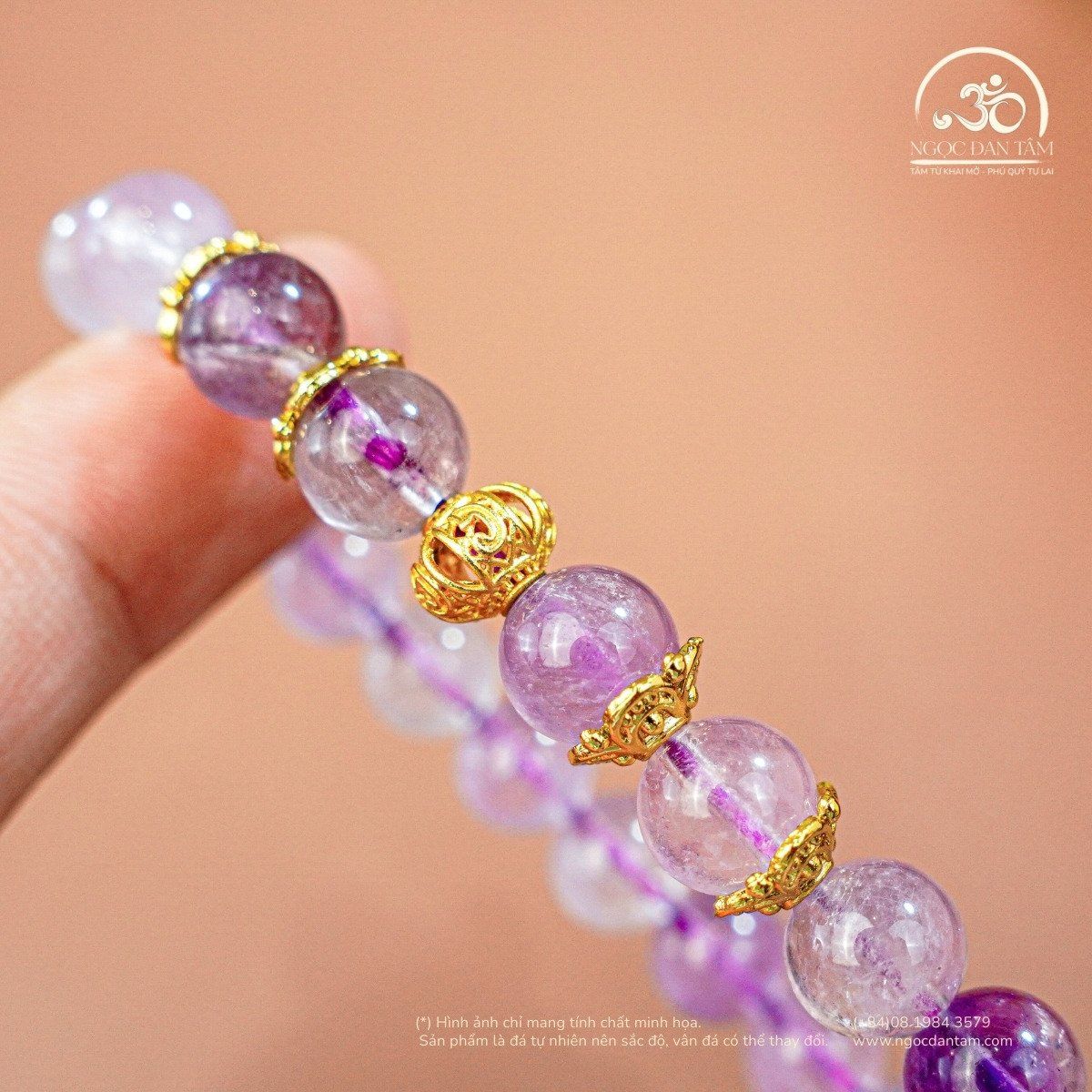  Vòng Tay Đá Thạch Anh Tím Lavender 8mm 3A Phối Charm Lồng Đèn 