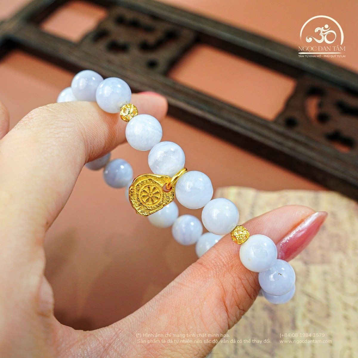  Vòng Tay Mã Não Xanh Lace 8mm 3A Phối Charm Bánh Xe Pháp Luân 