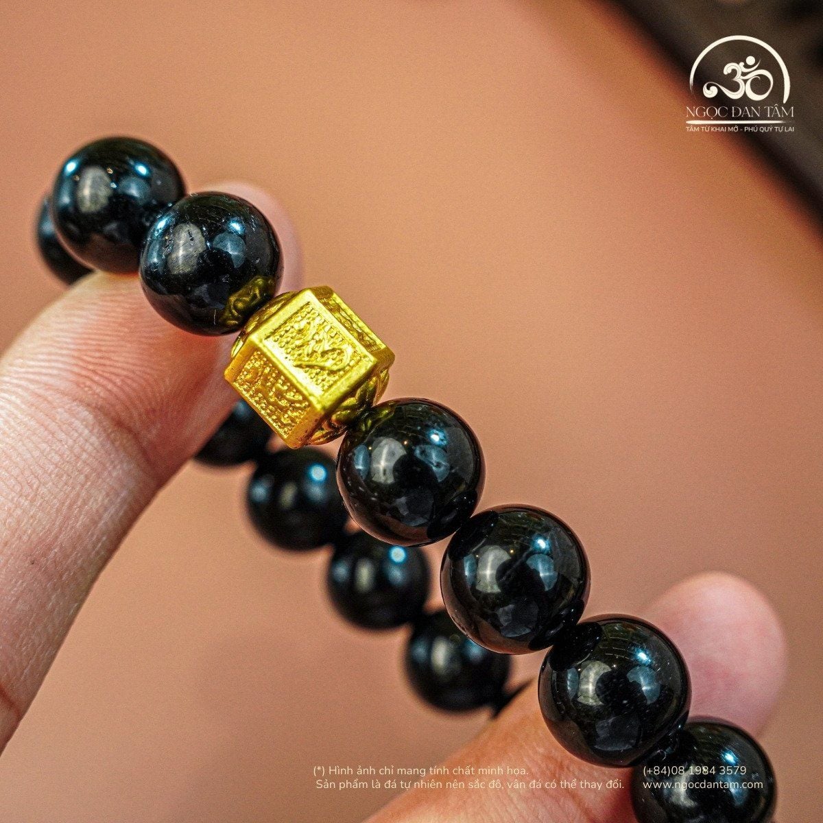  Vòng Tay Tourmaline Đen 10mm 2A Phối Charm Lục Giác Họa Tiết 