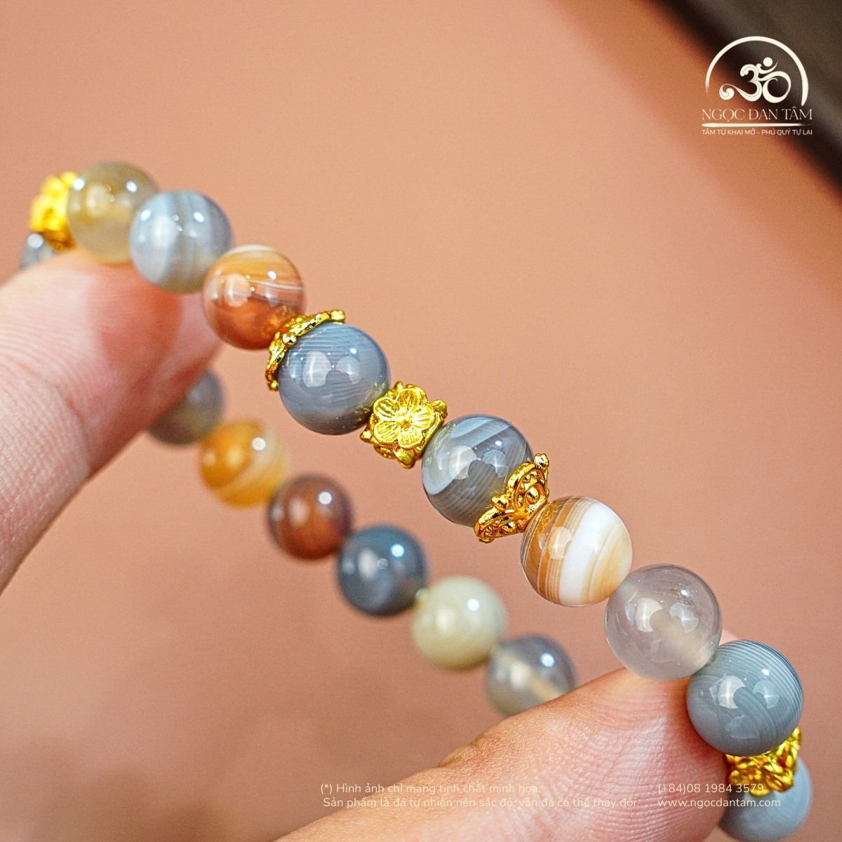  Vòng Tay Mã Não Botswana 2A - 8mm Phối Charm Hoa Vuông 