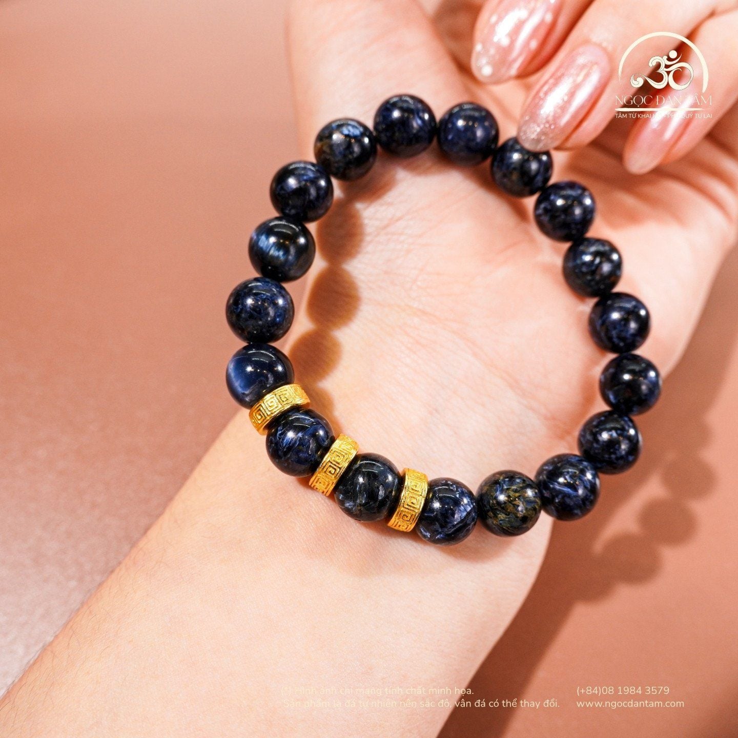  Vòng Tay Đá Giông Bão 9mm 5A Phối Charm Bạc Mạ Vàng 