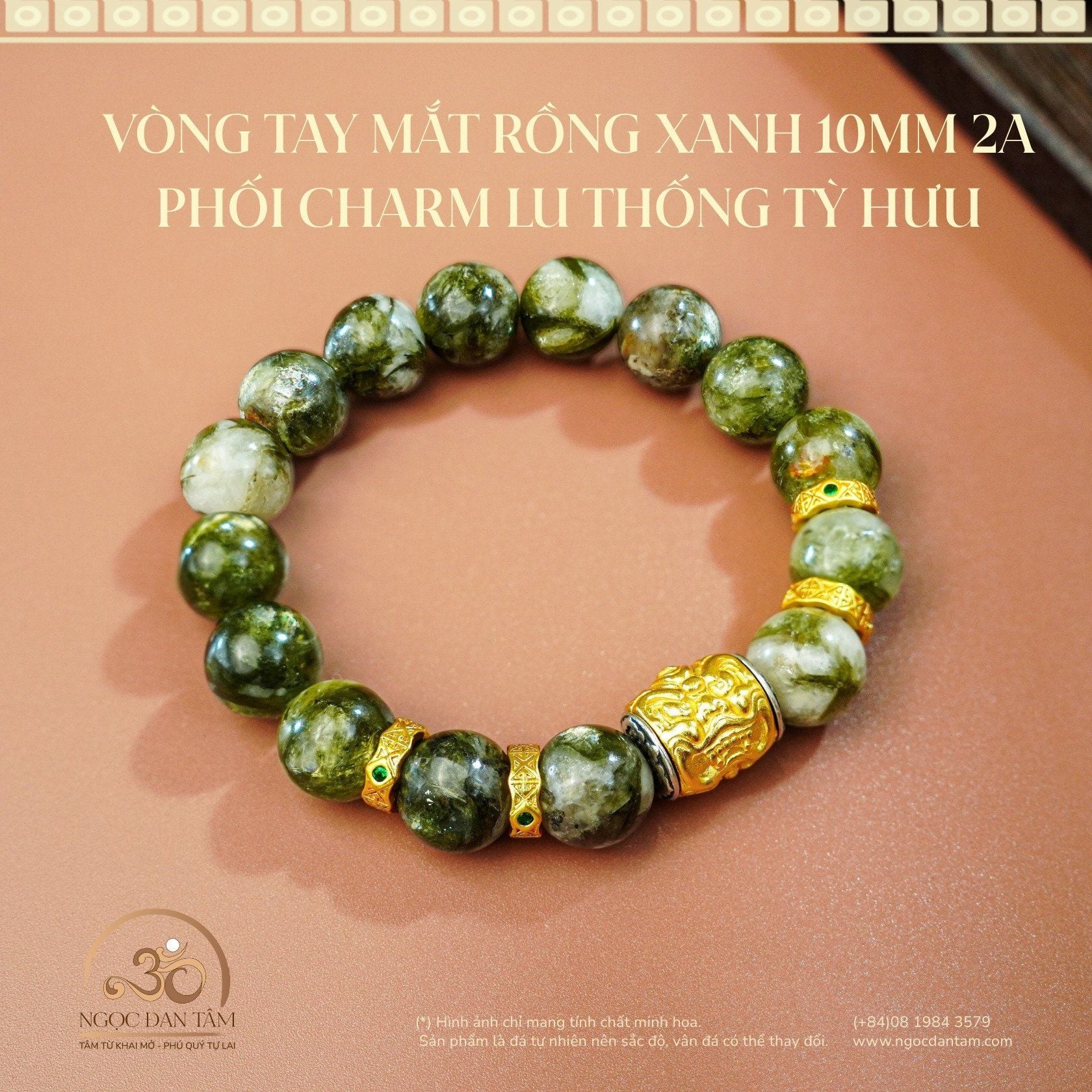  Vòng Tay Mắt Rồng Xanh Phối Charm Lu Thống Tỳ Hưu 10mm 2A 