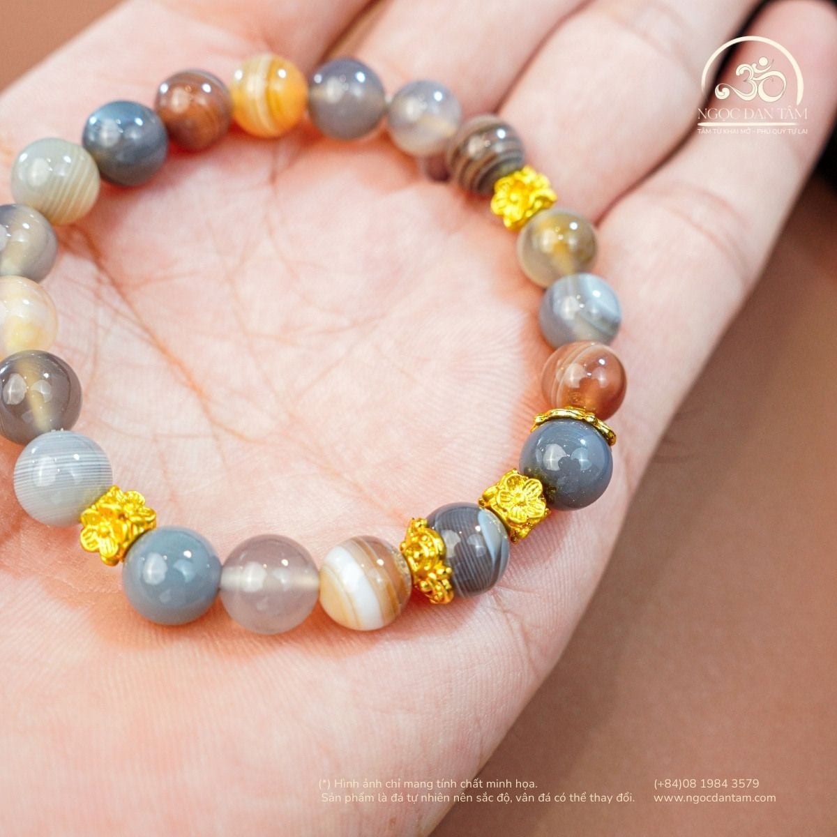  Vòng Tay Mã Não Botswana 2A - 8mm Phối Charm Hoa Vuông 