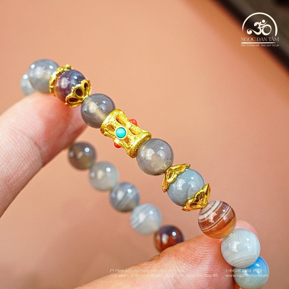  Vòng Tay Mã Não Botswana 2A - 8mm Phối Charm Lu Thống 