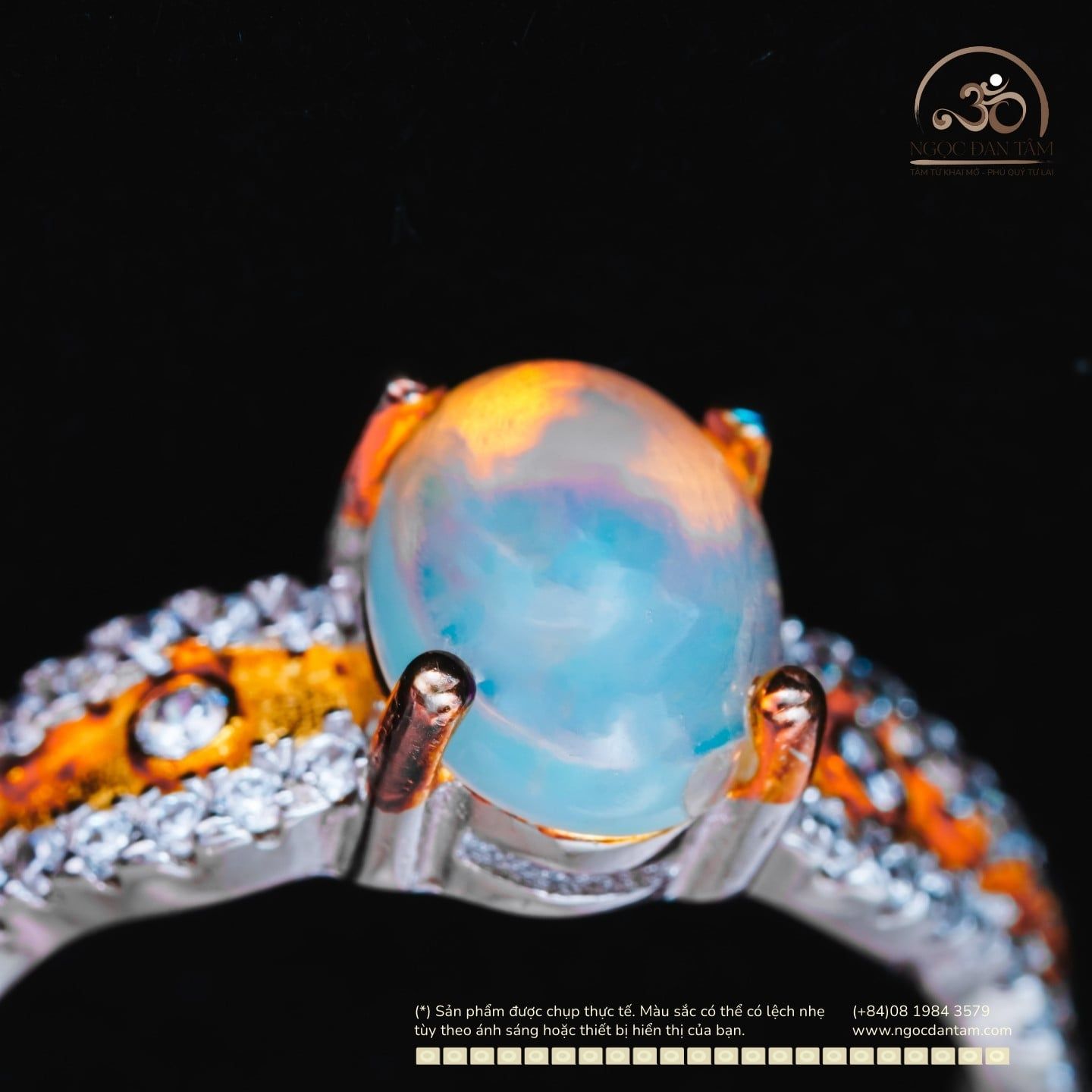  Nhẫn Bạc 925 Đính Đá Opal Viền Vàng 6x8mm 