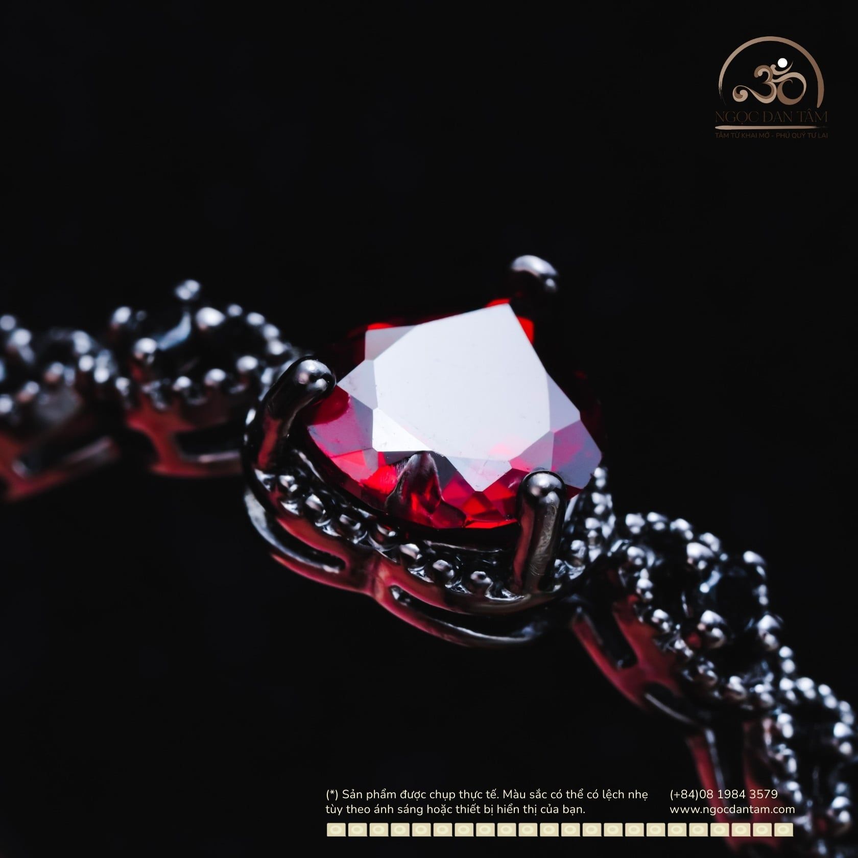  Nhẫn Bạc Đen 925 Đính Đá Garnet 6mm 