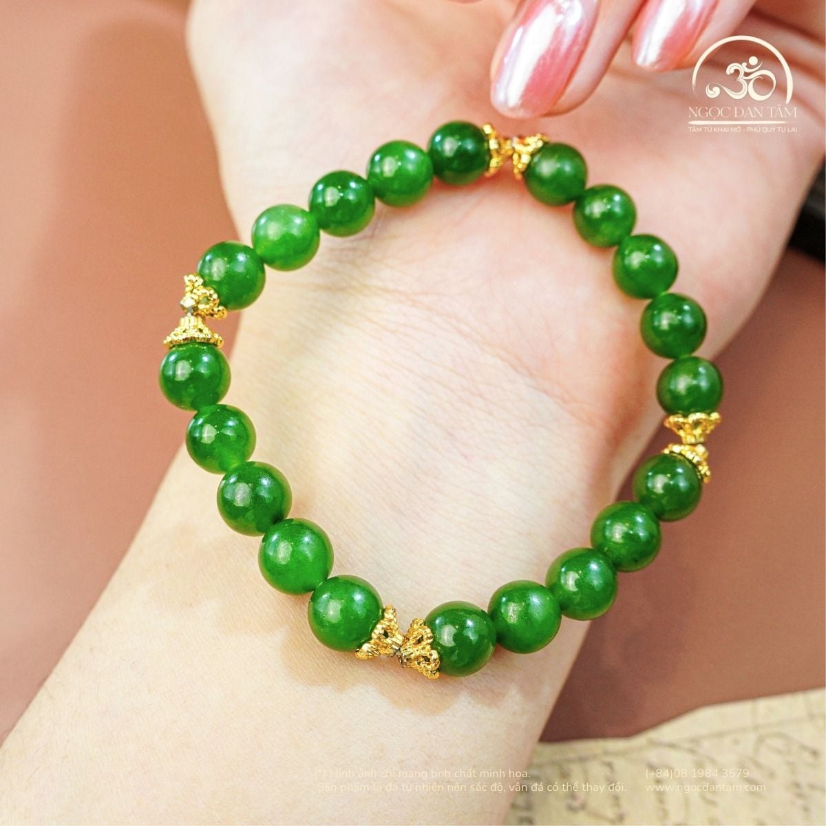  Vòng Tay Ngọc Bích Canada Phối Charm 8mm (5A.1) 