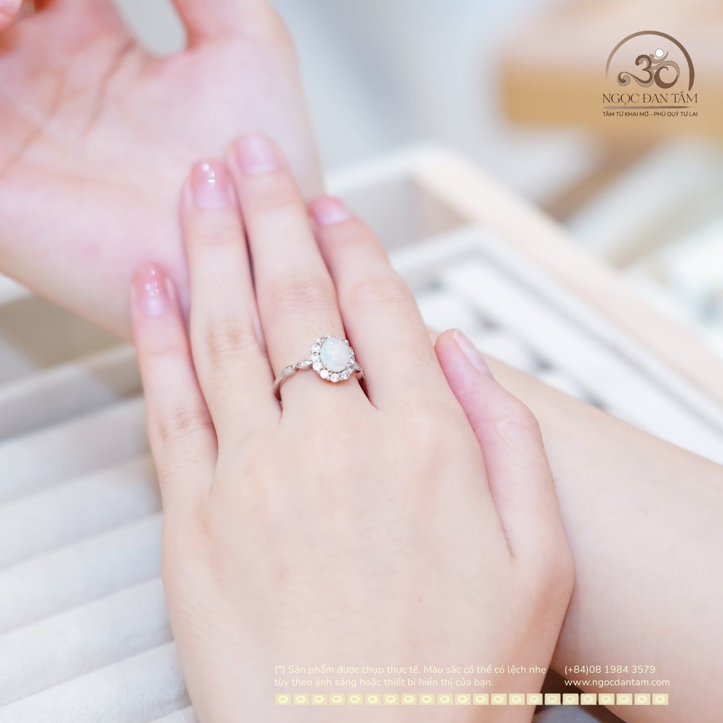  Nhẫn Bạc 925 Đính Đá Opal Trắng 6x8mm 