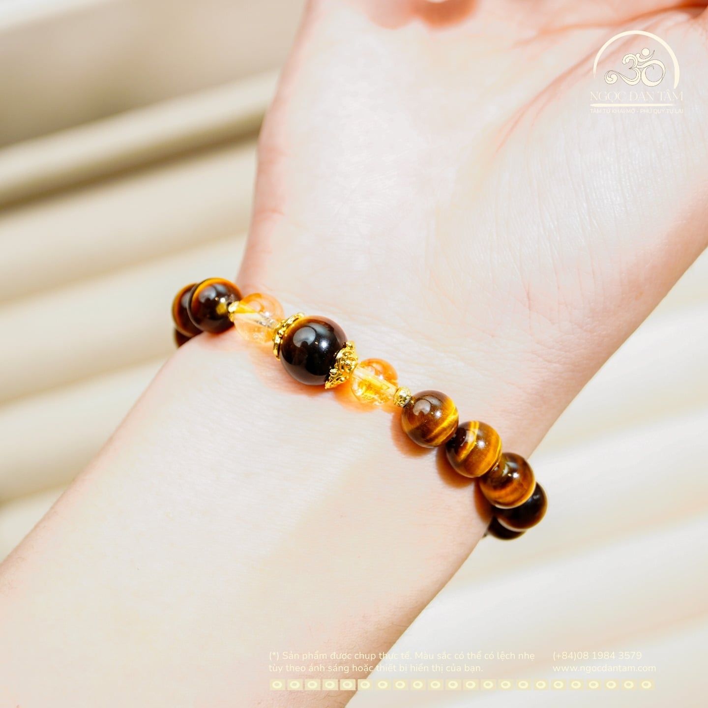  Vòng Tay Mắt Hổ Vàng Nâu 8mm 5A Phối Đá 