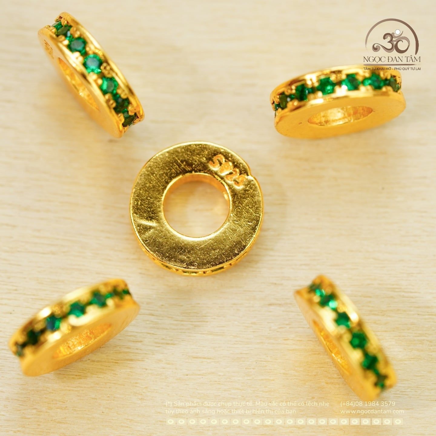  Charm Tròn Dẹp Xanh Lá 7.86mm - Bạc 925 Mạ Vàng Cao Cấp 