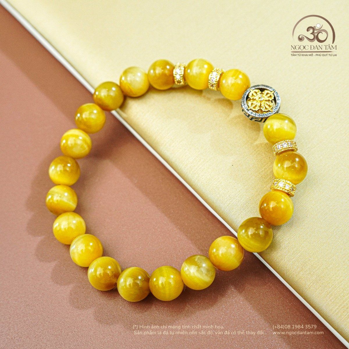  Vòng Tay Đá Mắt Hổ Vàng 8mm 5A Charm Bánh Xe Pháp luân 