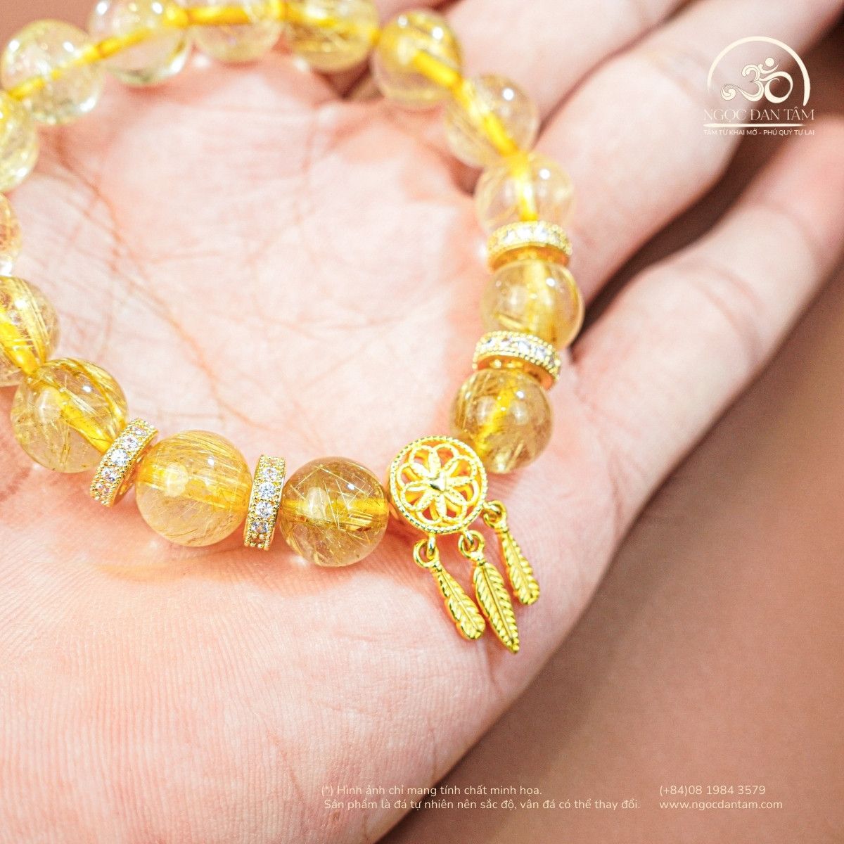  Vòng Tay Thạch Anh Tóc Vàng 10mm 5A Phối Charm Dream Catcher 