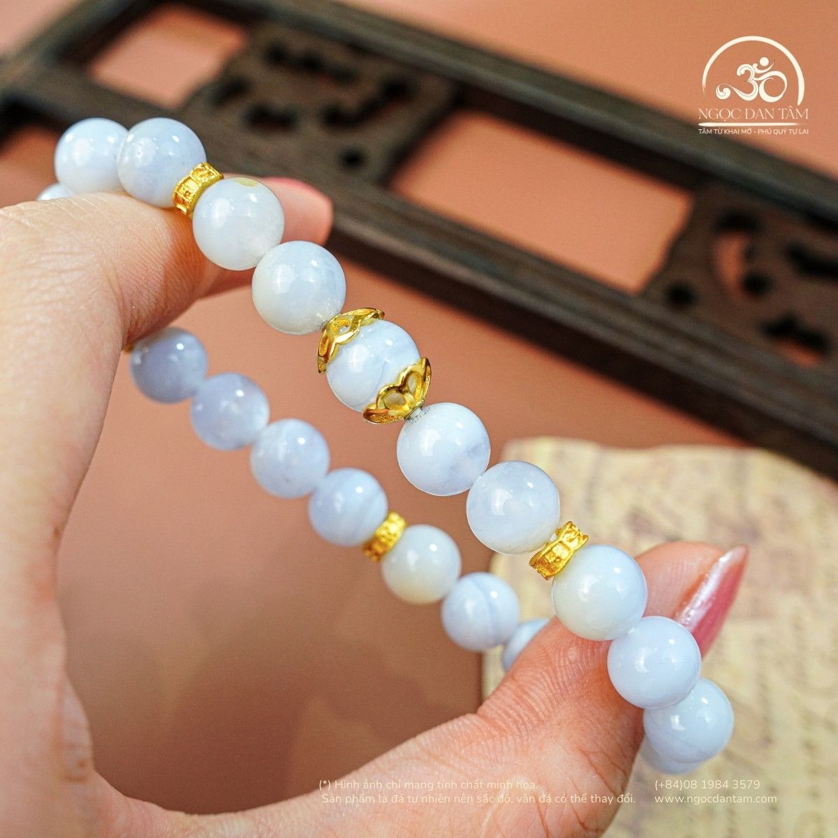  Vòng Tay Đá Mã Não Xanh Lace 8mm 3A Phối Charm Đệm 