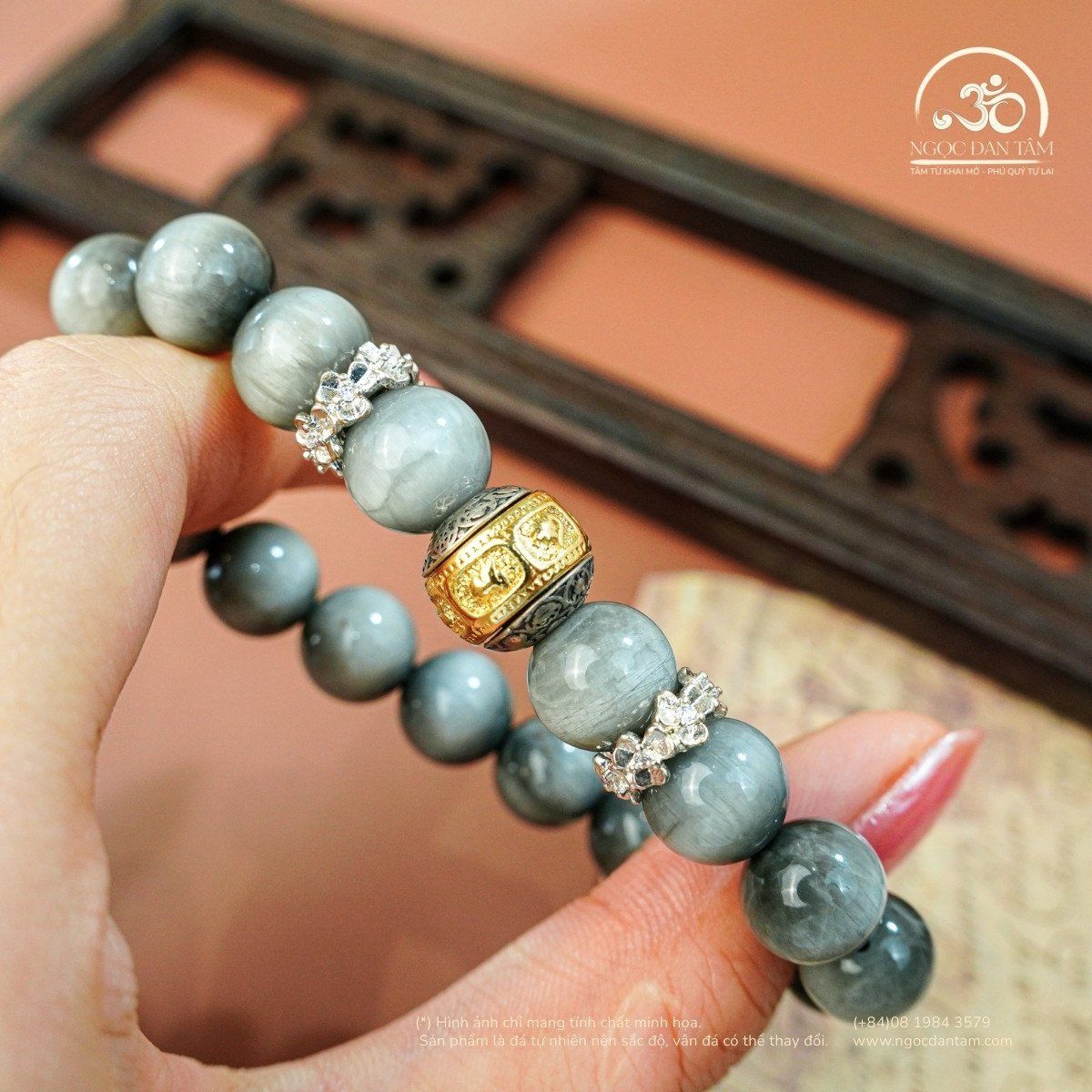  Vòng Tay Mắt Chim Ưng Xám 6A-10mm Phối Charm Lục Tự 