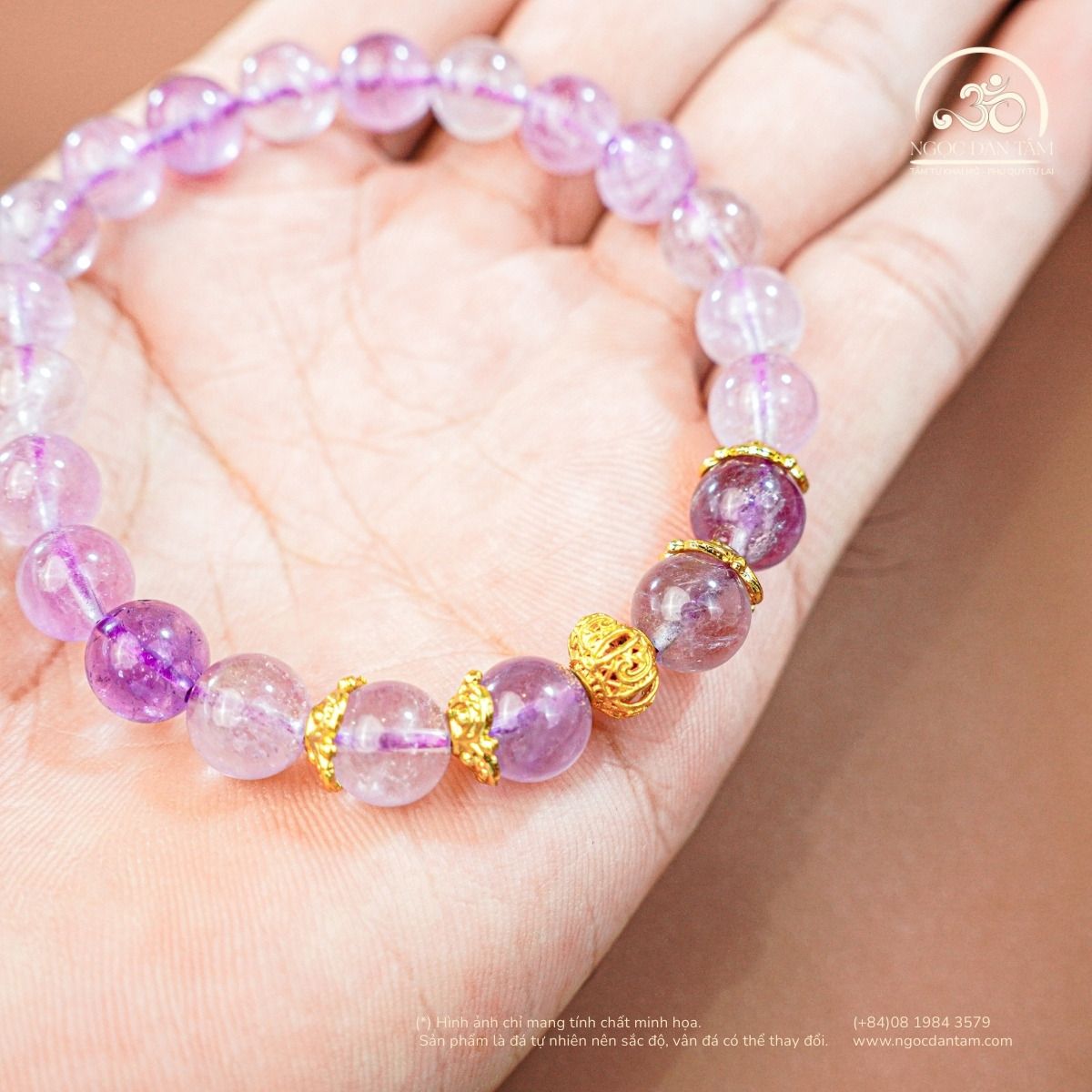  Vòng Tay Đá Thạch Anh Tím Lavender 8mm 3A Phối Charm Lồng Đèn 