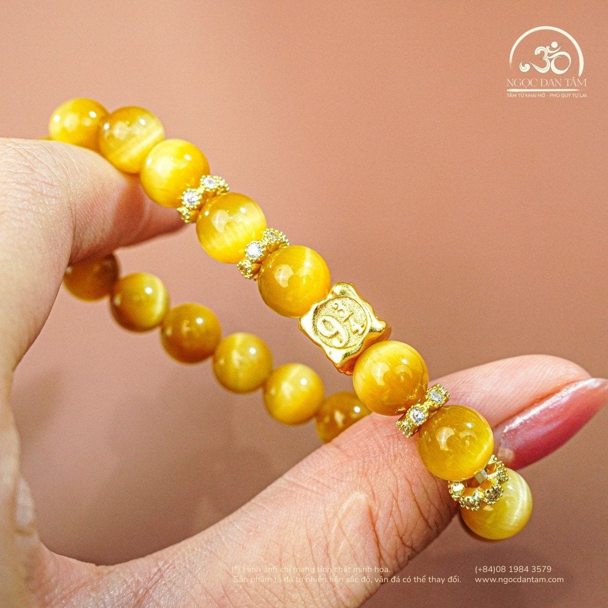 Vòng Tay Đá Mắt Hổ Vàng 8mm 6A Phối Charm Vuông 