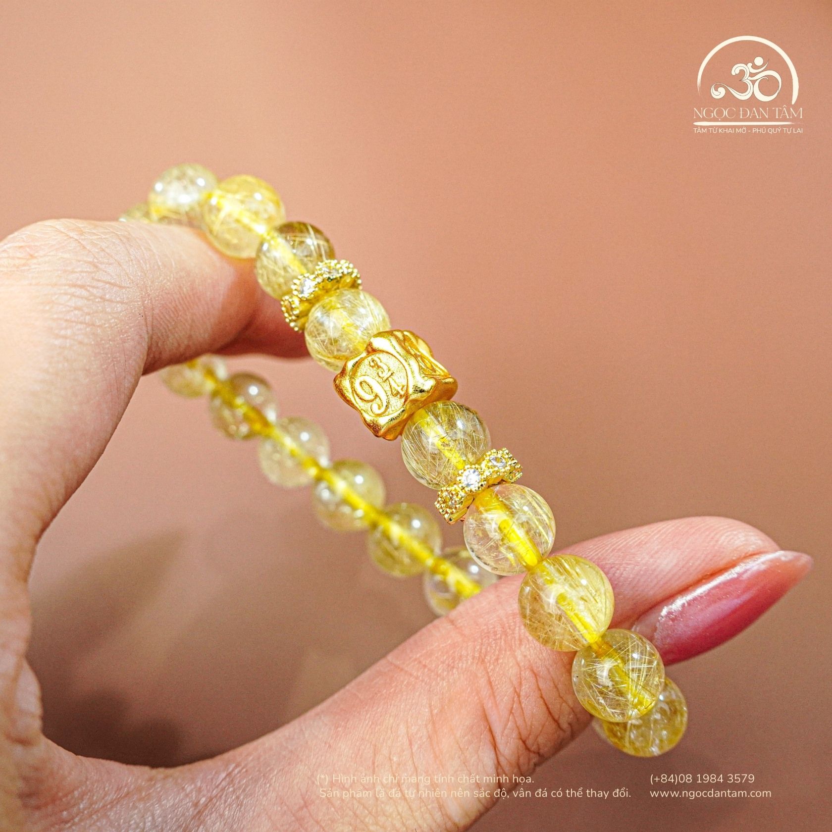  Thạch Anh Tóc Vàng 8mm 7A Phối Charm Bạc Mạ Vàng 