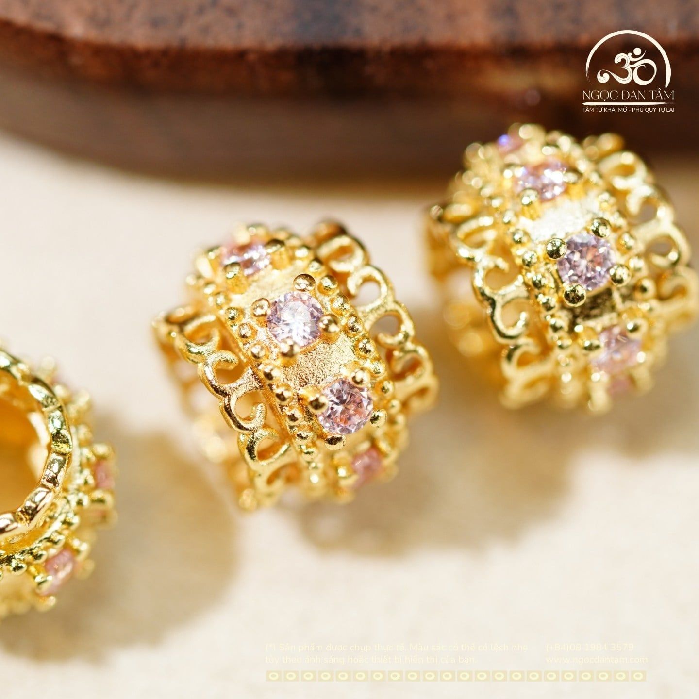  Charm Trụ Tròn Đính Hạt Hồng 9.21mm - Kim Loại Mạ Vàng Cao Cấp 