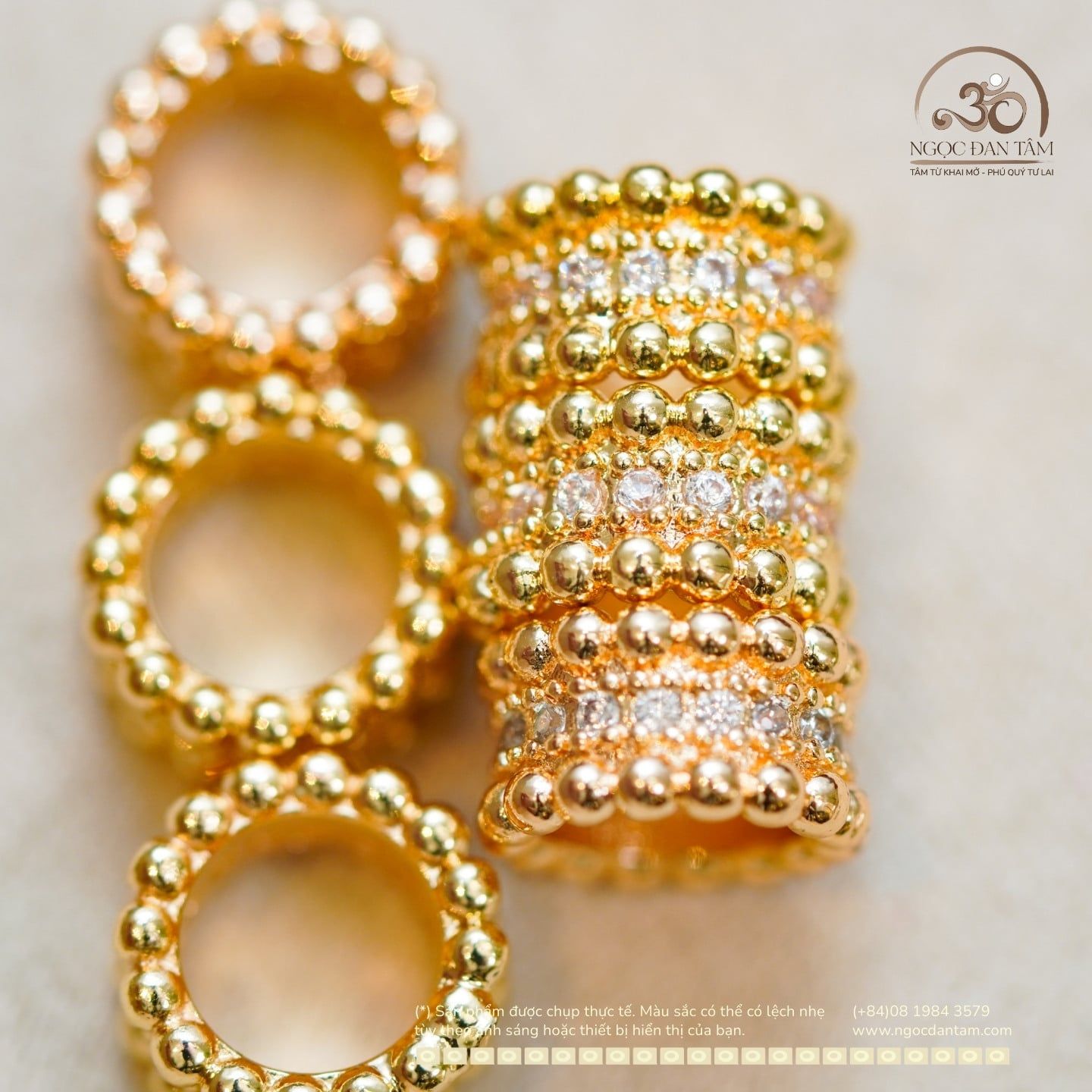  Charm Vòng Cườm Đính Đá 10,19mm - Kim Loại Mạ Vàng Cao Cấp 