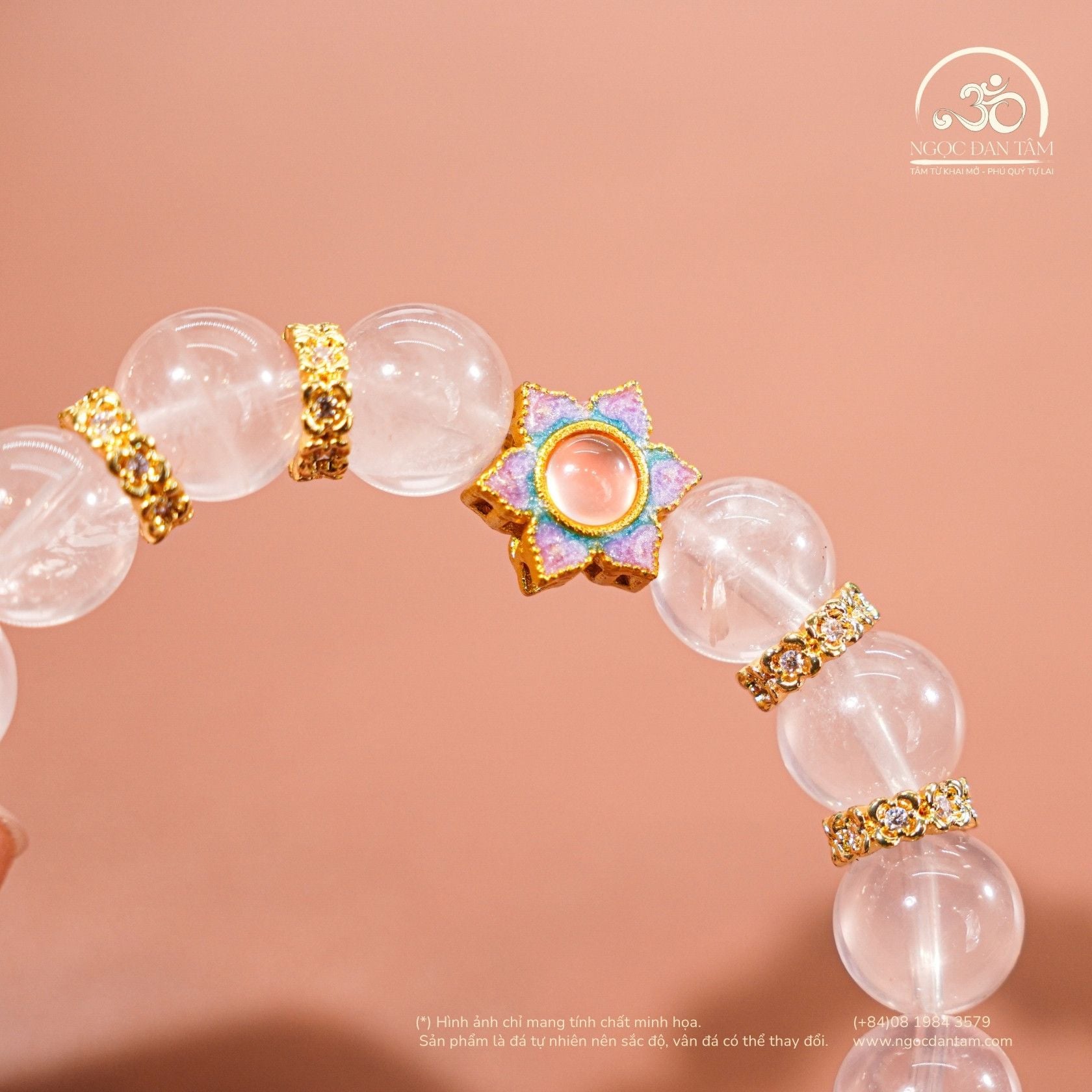  Vòng Tay Thạch Anh Hồng Sao 9mm 6A Phối Charm 